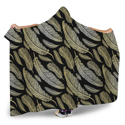 Gold And Black Feather Pattern Print Hooded Blanket