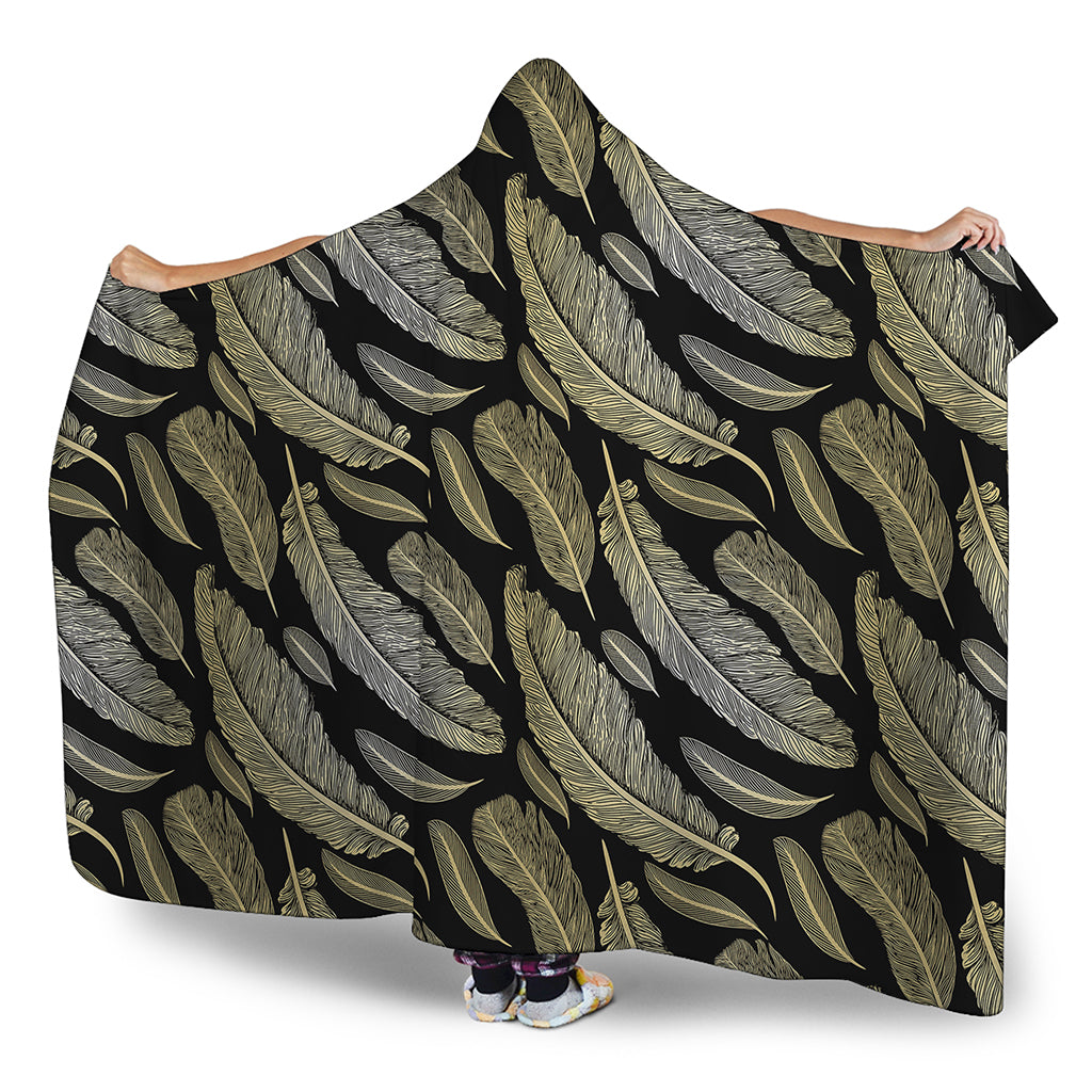 Gold And Black Feather Pattern Print Hooded Blanket