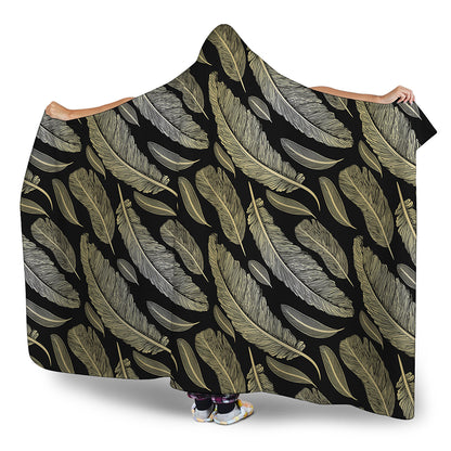 Gold And Black Feather Pattern Print Hooded Blanket