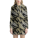 Gold And Black Feather Pattern Print Hoodie Dress