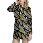 Gold And Black Feather Pattern Print Hoodie Dress