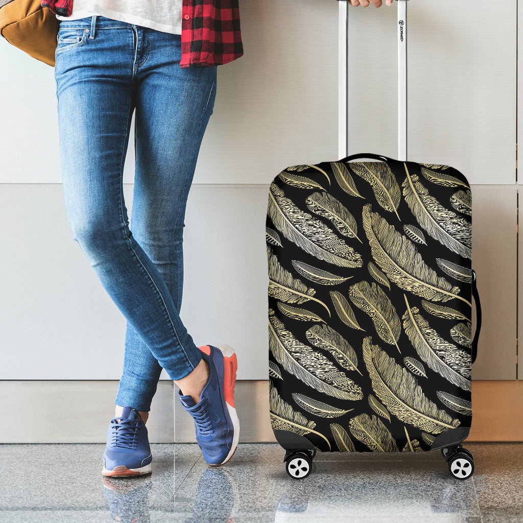 Gold And Black Feather Pattern Print Luggage Cover