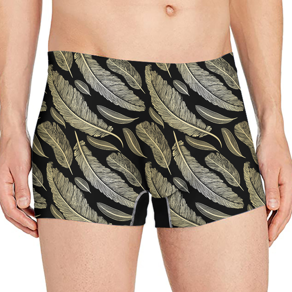 Gold And Black Feather Pattern Print Men's Boxer Briefs