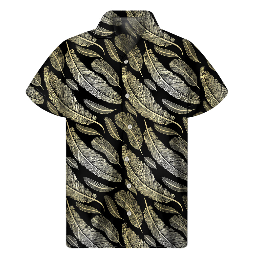 Gold And Black Feather Pattern Print Men's Short Sleeve Shirt