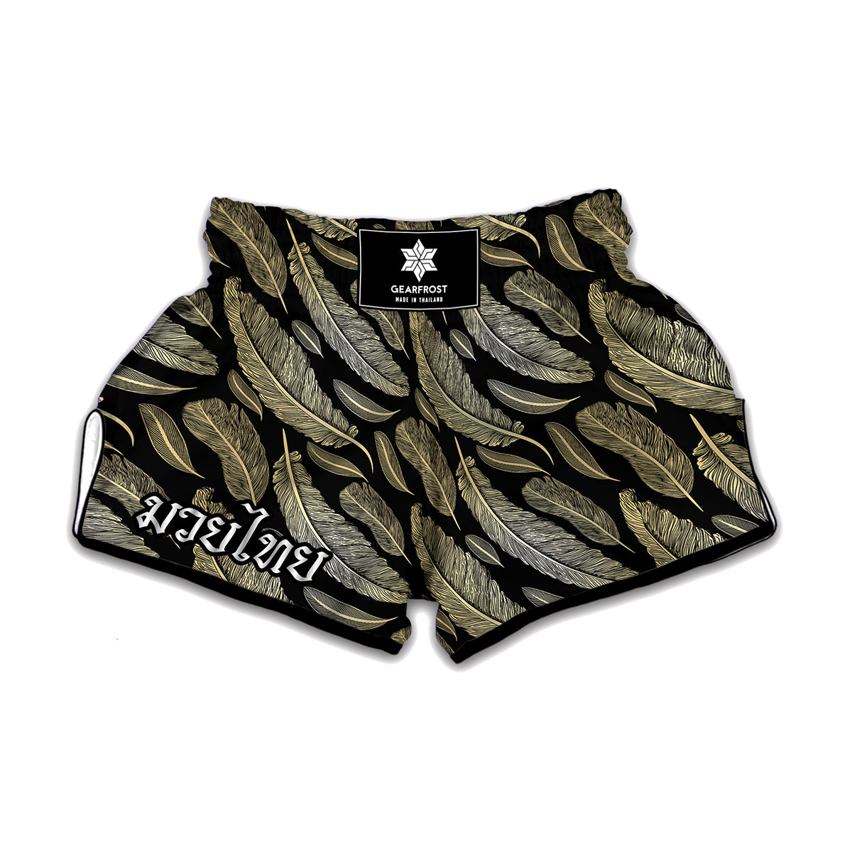 Gold And Black Feather Pattern Print Muay Thai Boxing Shorts