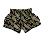 Gold And Black Feather Pattern Print Muay Thai Boxing Shorts