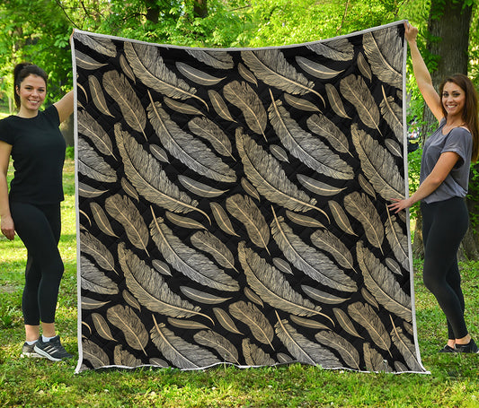 Gold And Black Feather Pattern Print Quilt
