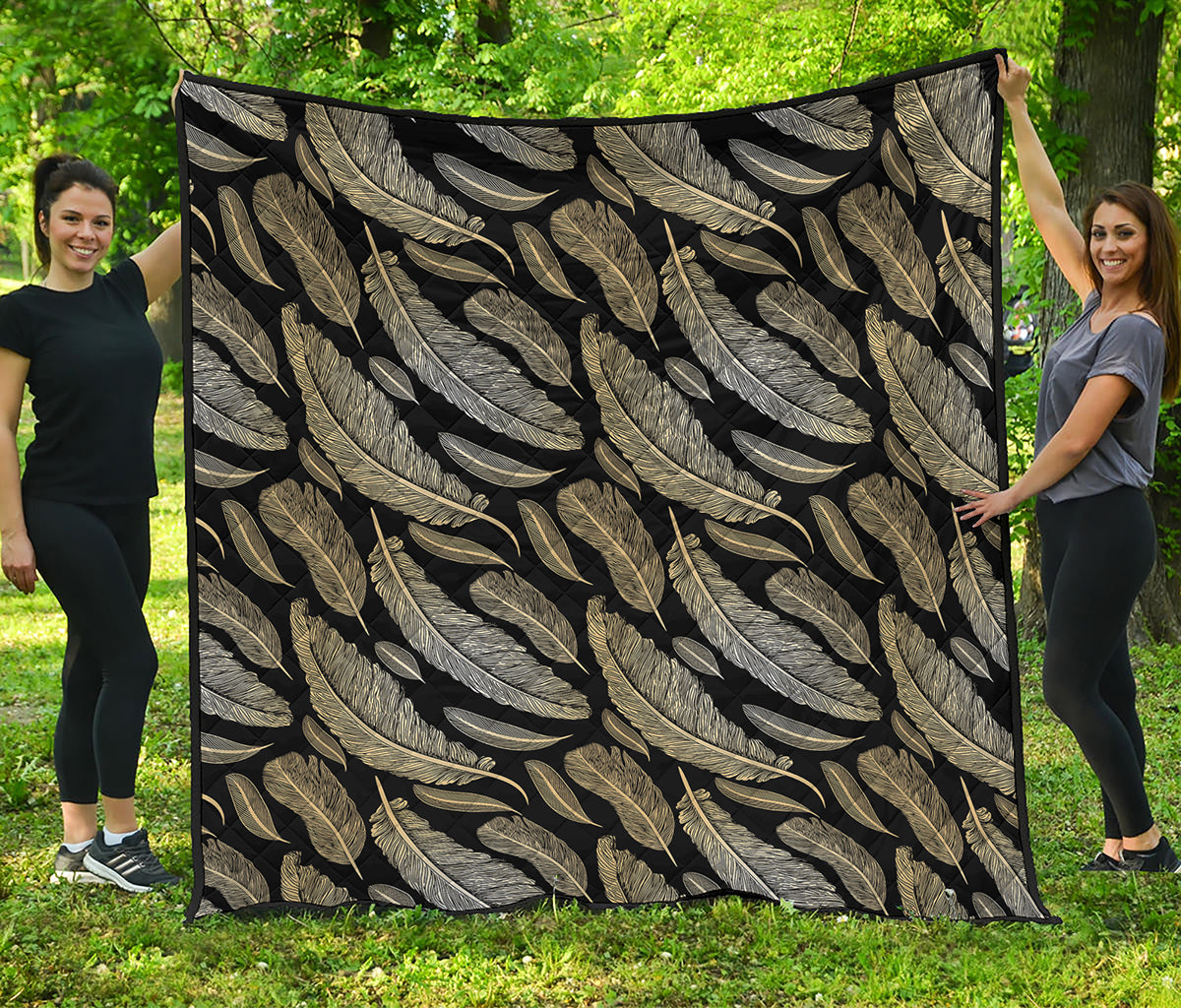 Gold And Black Feather Pattern Print Quilt