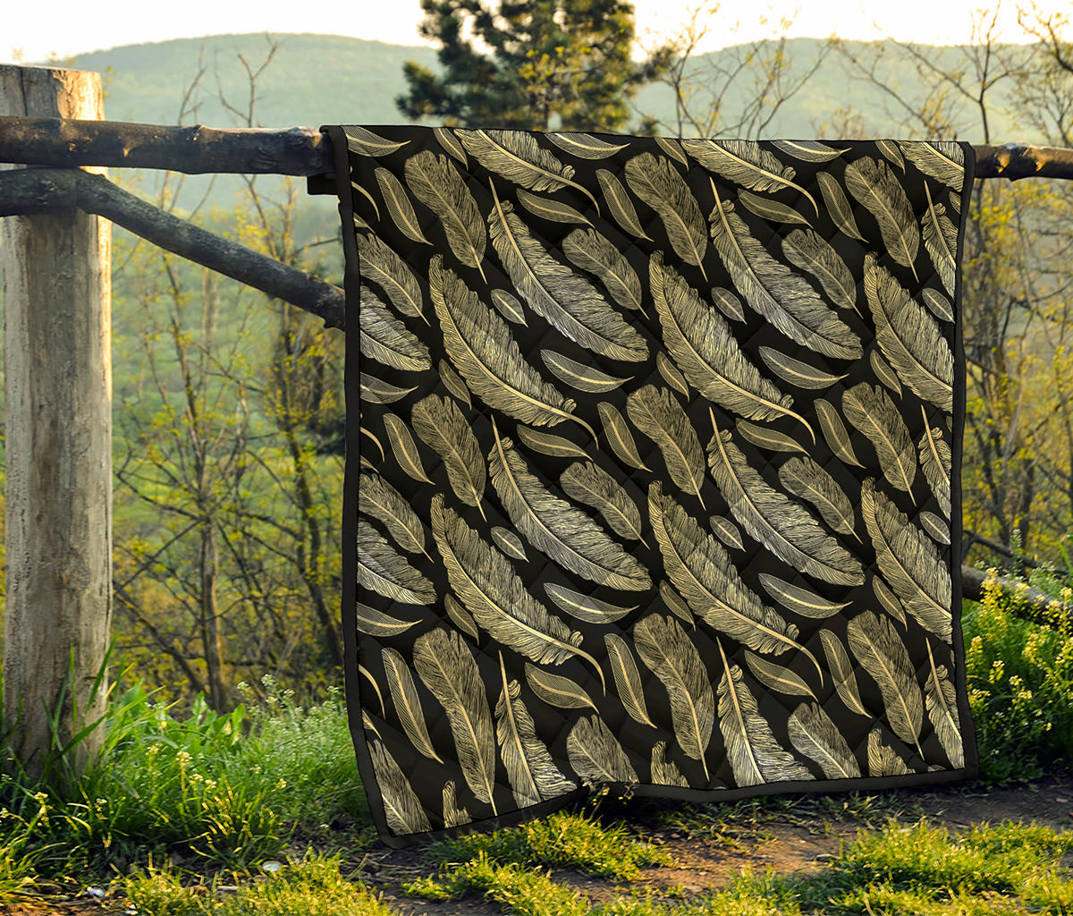Gold And Black Feather Pattern Print Quilt