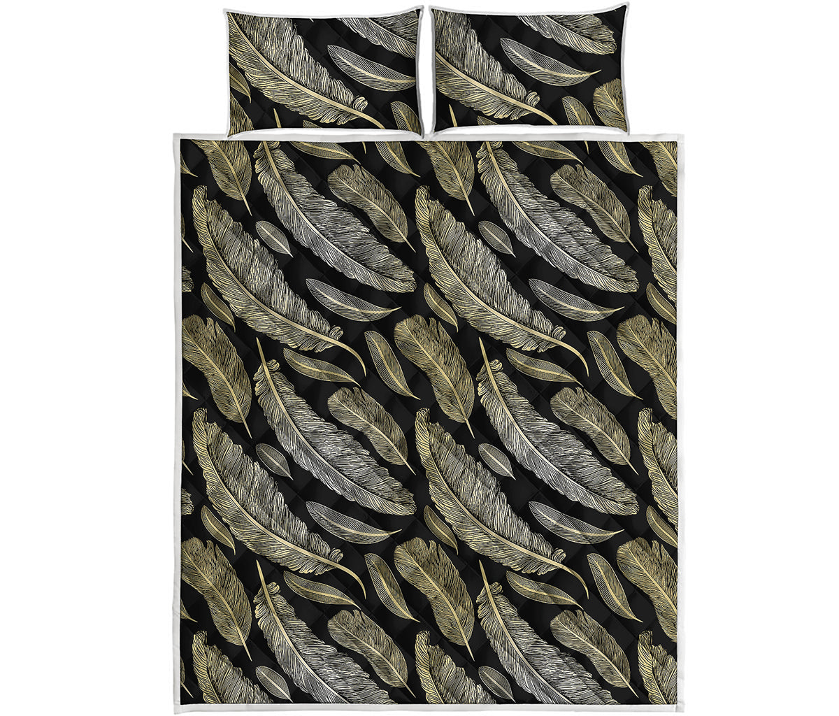 Gold And Black Feather Pattern Print Quilt Bed Set