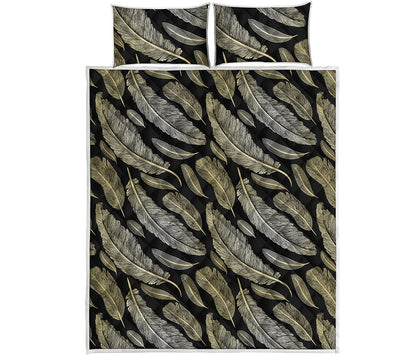 Gold And Black Feather Pattern Print Quilt Bed Set