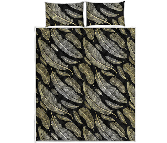 Gold And Black Feather Pattern Print Quilt Bed Set