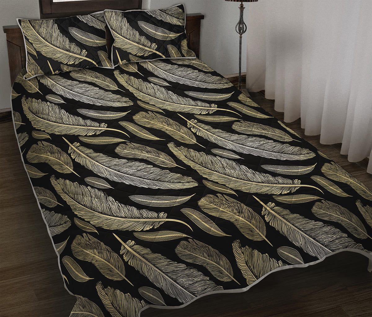 Gold And Black Feather Pattern Print Quilt Bed Set