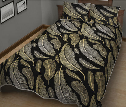 Gold And Black Feather Pattern Print Quilt Bed Set