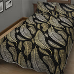 Gold And Black Feather Pattern Print Quilt Bed Set