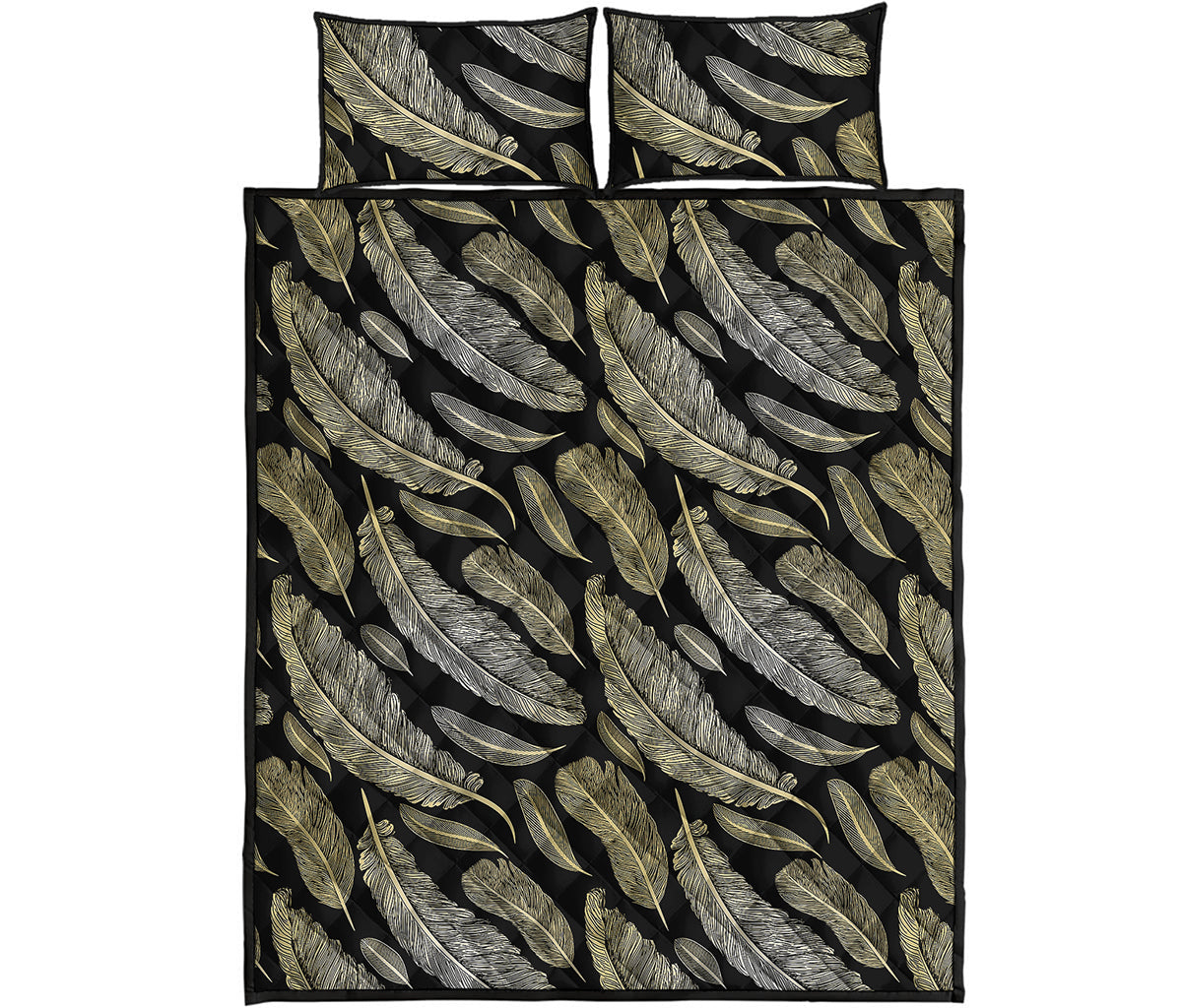 Gold And Black Feather Pattern Print Quilt Bed Set
