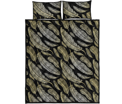 Gold And Black Feather Pattern Print Quilt Bed Set