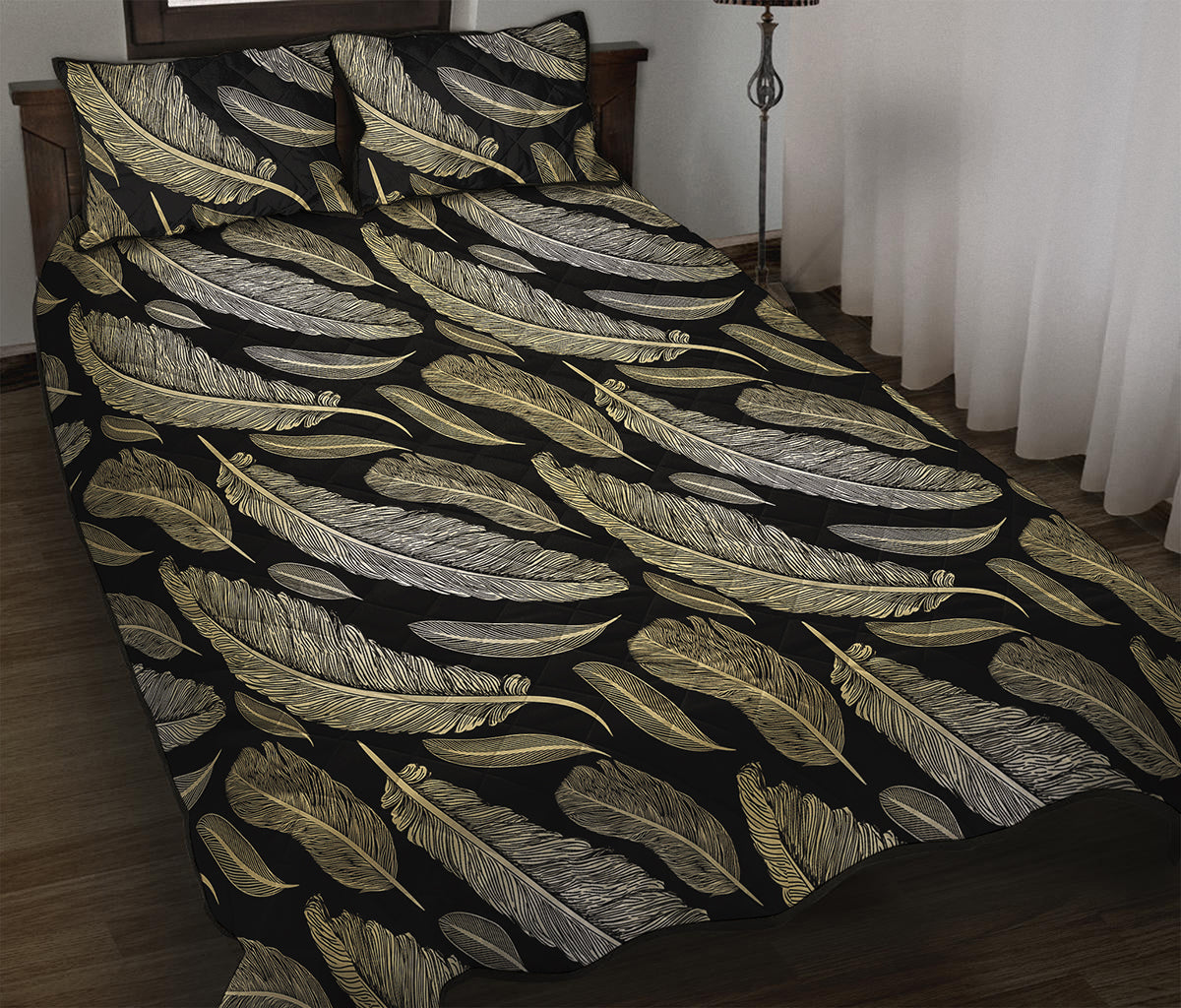 Gold And Black Feather Pattern Print Quilt Bed Set