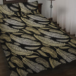 Gold And Black Feather Pattern Print Quilt Bed Set