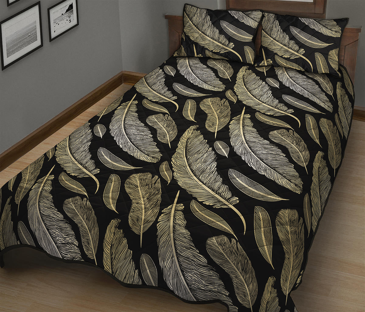 Gold And Black Feather Pattern Print Quilt Bed Set