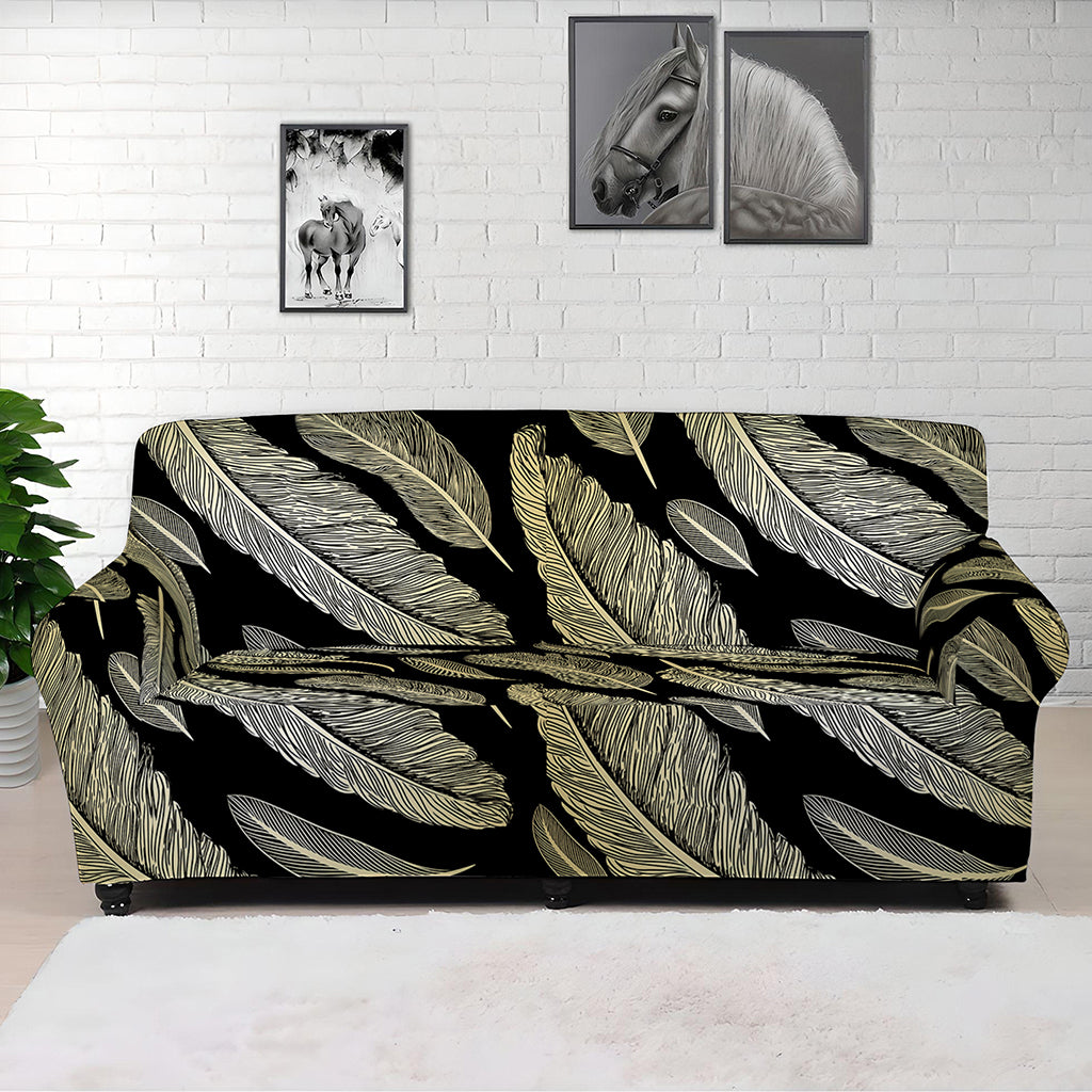 Gold And Black Feather Pattern Print Sofa Cover