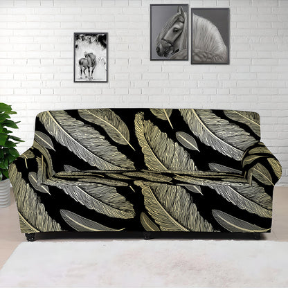 Gold And Black Feather Pattern Print Sofa Cover