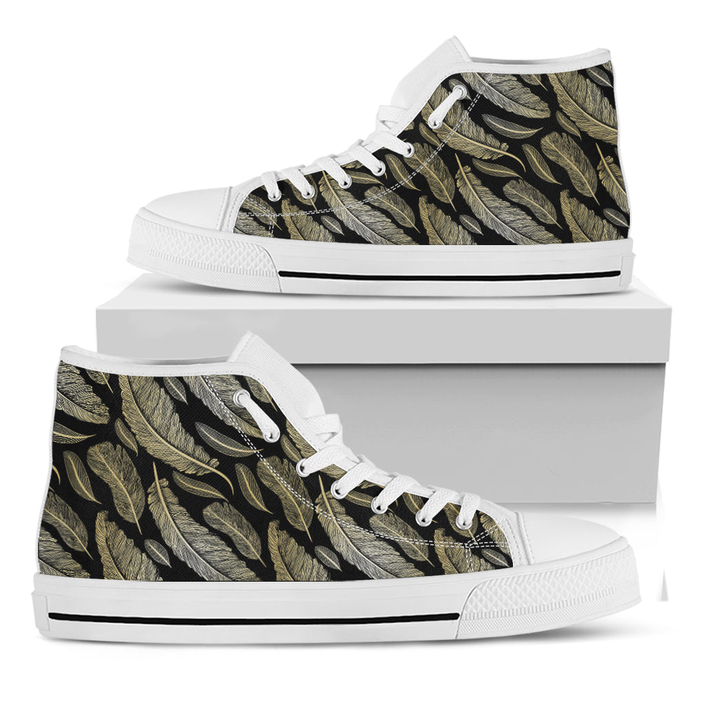 Gold And Black Feather Pattern Print White High Top Shoes