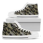 Gold And Black Feather Pattern Print White High Top Shoes