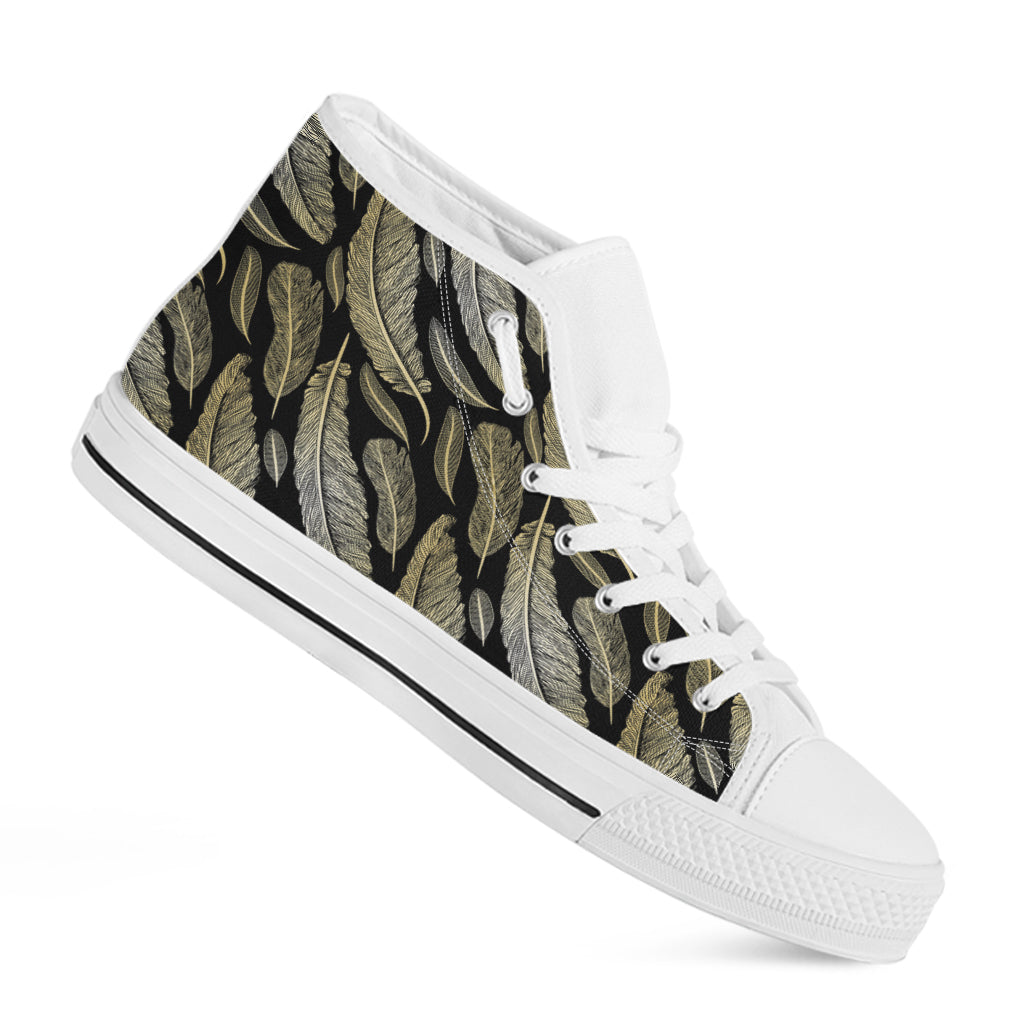 Gold And Black Feather Pattern Print White High Top Shoes