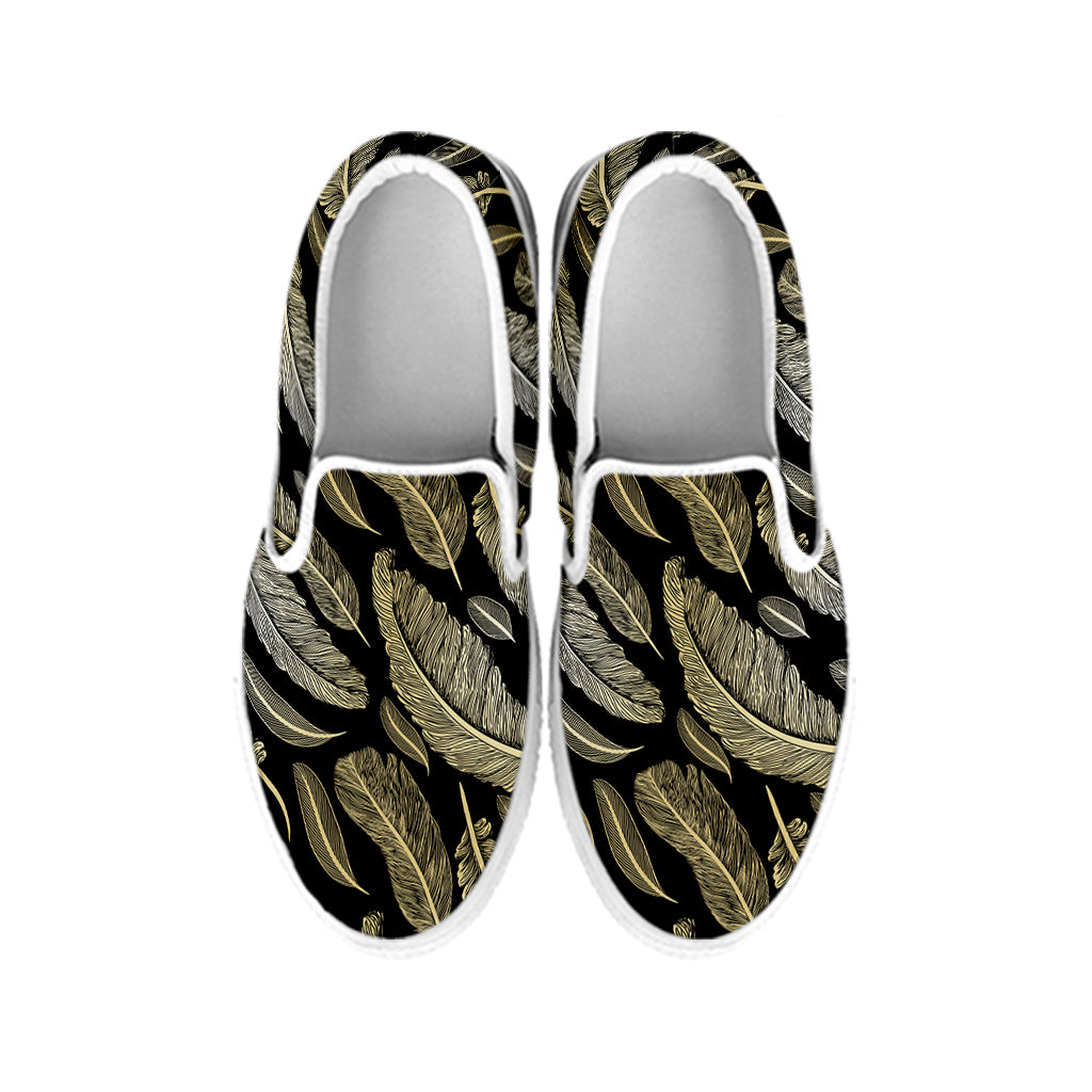 Gold And Black Feather Pattern Print White Slip On Shoes