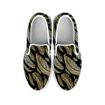Gold And Black Feather Pattern Print White Slip On Shoes