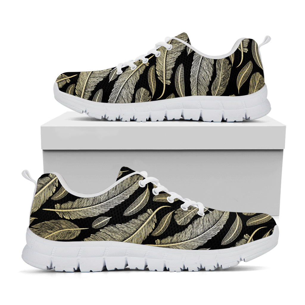 Gold And Black Feather Pattern Print White Sneakers