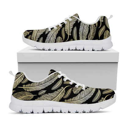 Gold And Black Feather Pattern Print White Sneakers