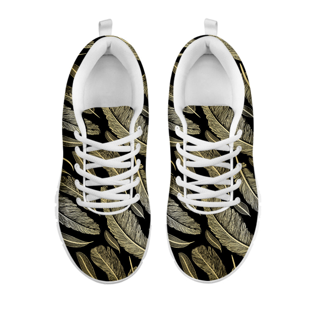 Gold And Black Feather Pattern Print White Sneakers