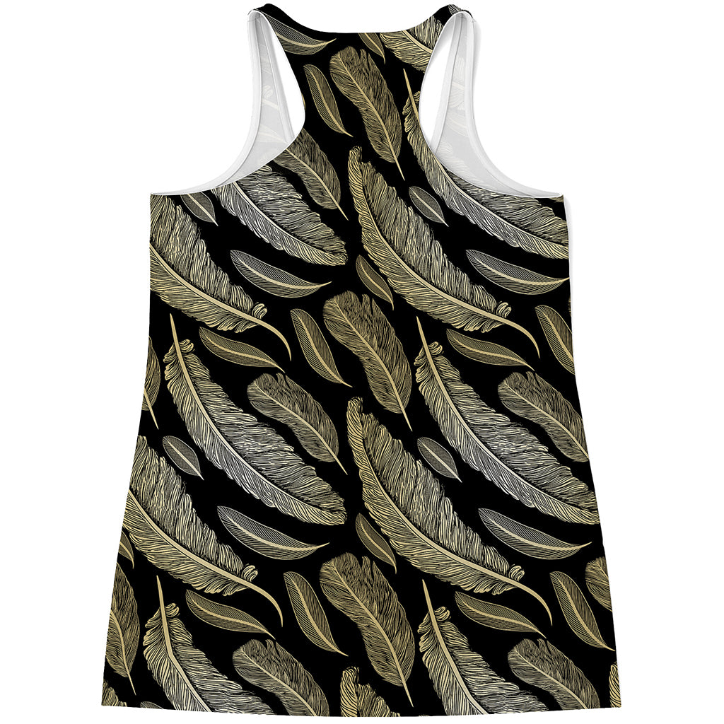 Gold And Black Feather Pattern Print Women's Racerback Tank Top