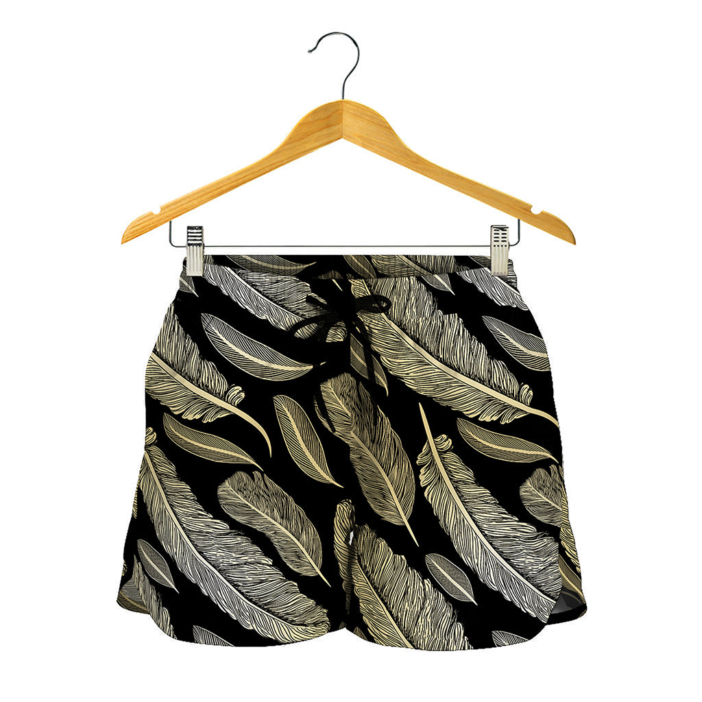 Gold And Black Feather Pattern Print Women's Shorts