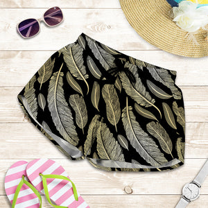 Gold And Black Feather Pattern Print Women's Shorts