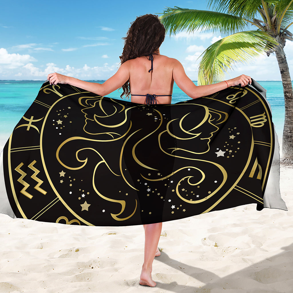 Gold And Black Gemini Sign Print Beach Sarong Wrap