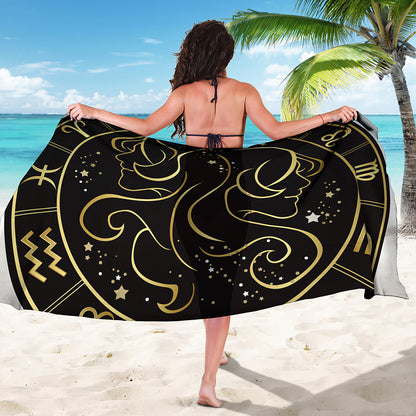 Gold And Black Gemini Sign Print Beach Sarong Wrap