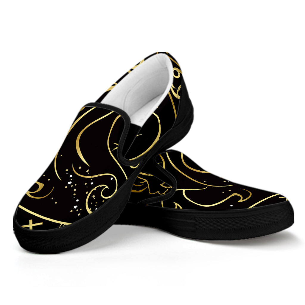 Gold And Black Gemini Sign Print Black Slip On Shoes