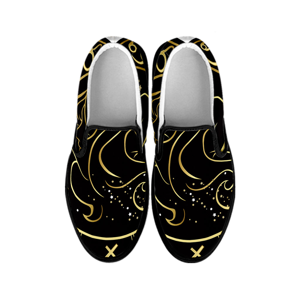 Gold And Black Gemini Sign Print Black Slip On Shoes