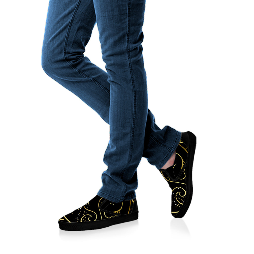Gold And Black Gemini Sign Print Black Slip On Shoes