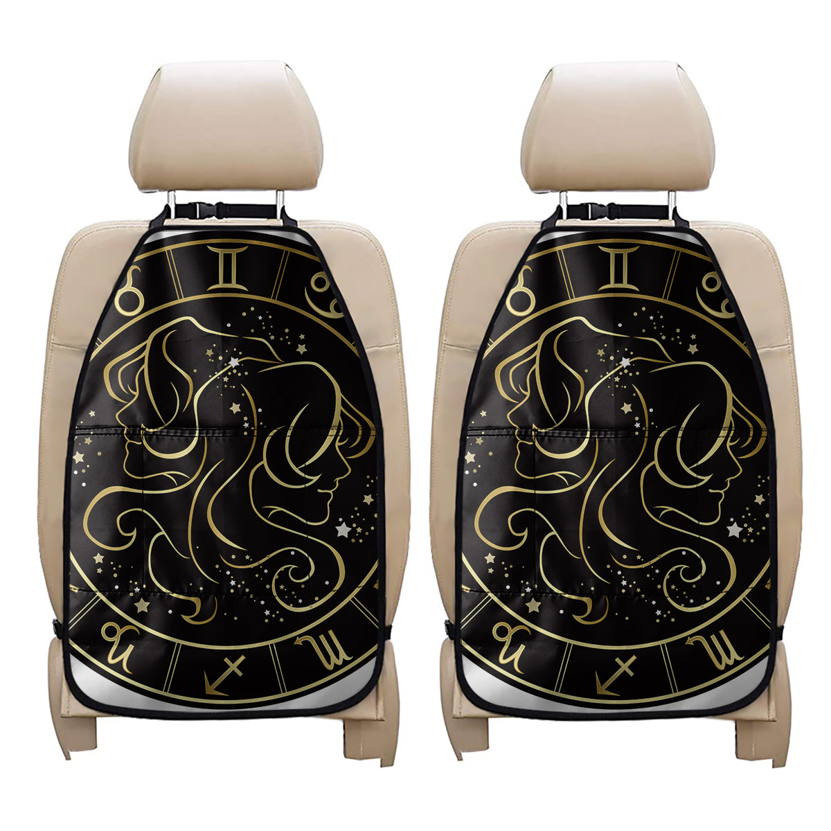Gold And Black Gemini Sign Print Car Seat Organizers