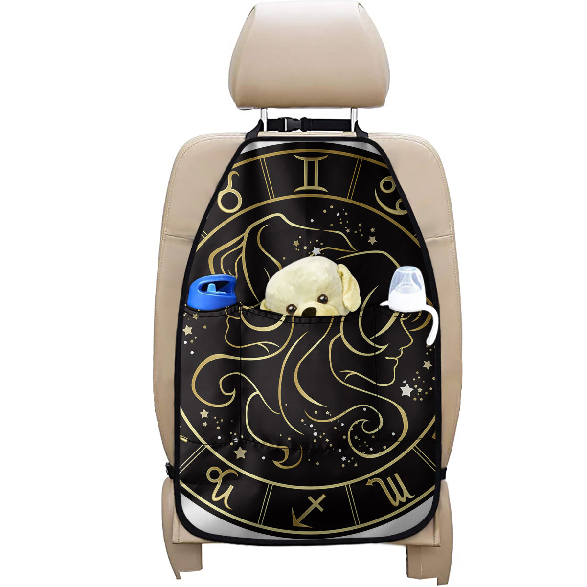Gold And Black Gemini Sign Print Car Seat Organizers