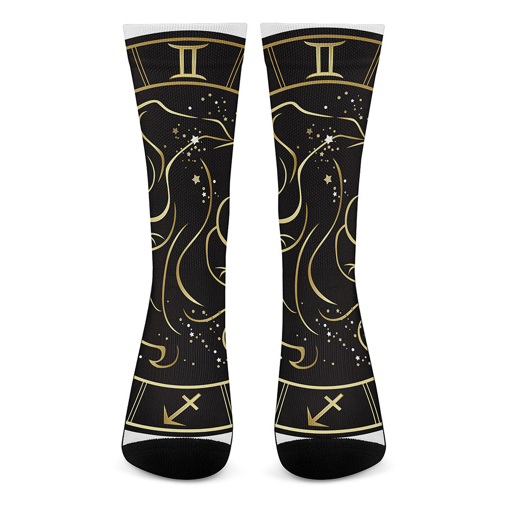 Gold And Black Gemini Sign Print Crew Socks