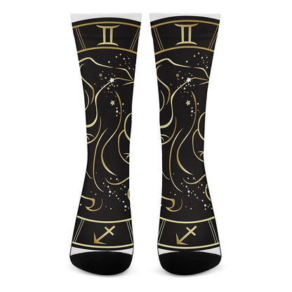 Gold And Black Gemini Sign Print Crew Socks