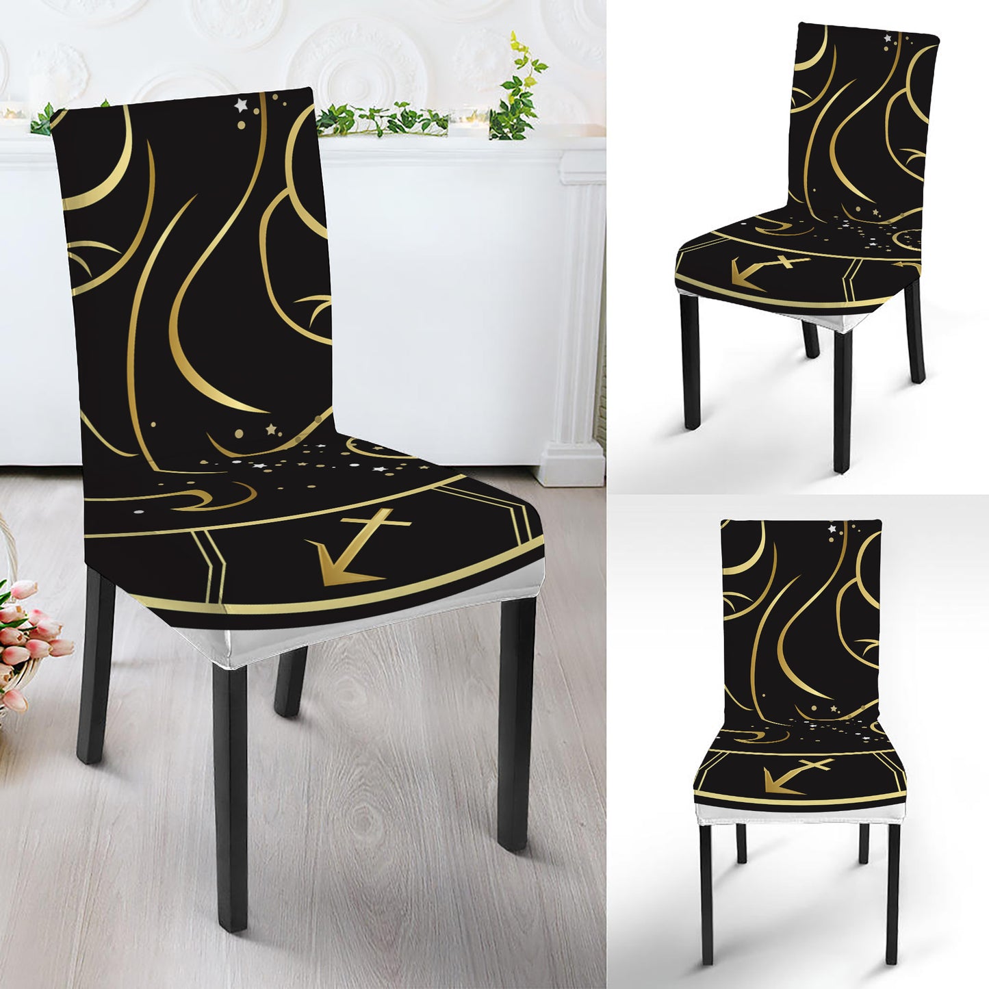 Gold And Black Gemini Sign Print Dining Chair Slipcover