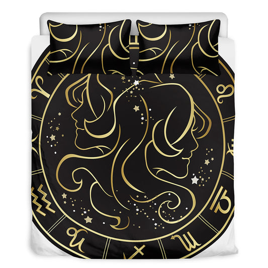 Gold And Black Gemini Sign Print Duvet Cover Bedding Set