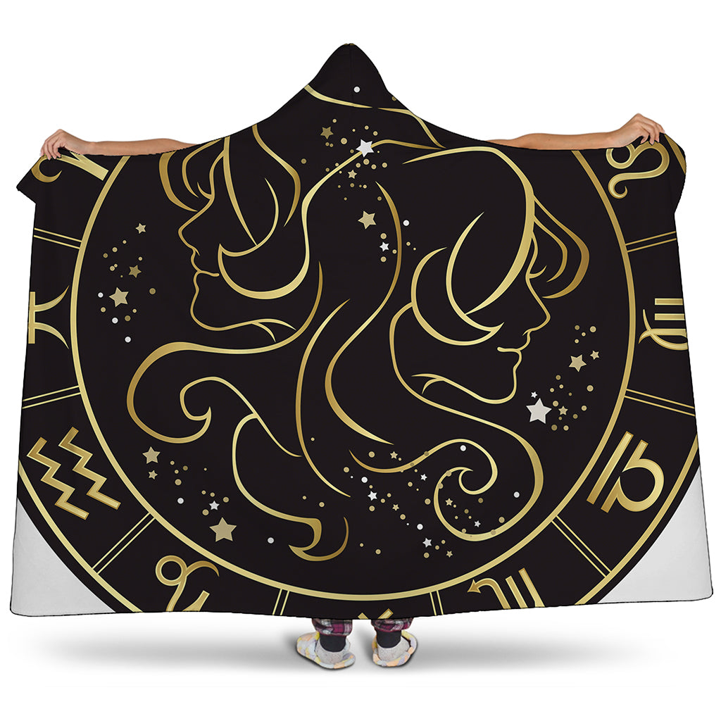 Gold And Black Gemini Sign Print Hooded Blanket