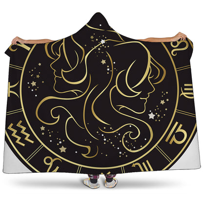 Gold And Black Gemini Sign Print Hooded Blanket